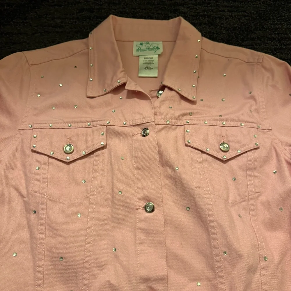 Quacker Factory Pink Rhinestone Studded Jean Jacket Classic Denim Size M Vintage - Picture 4 of 9